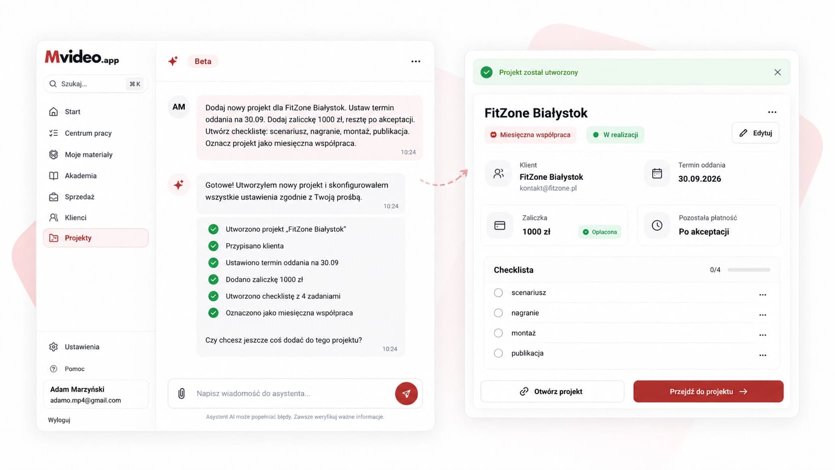 Koncepcyjny podgląd asystenta AI w Mvideo App