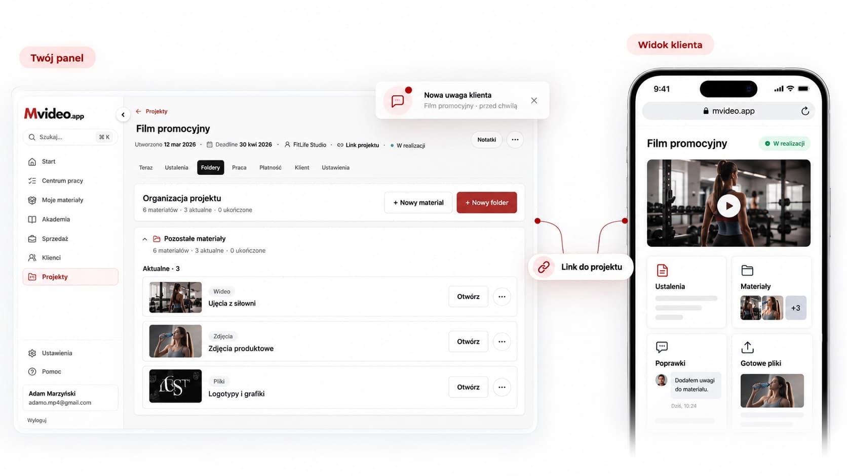 Panel projektu Mvideo App połączony linkiem z udostępnionym widokiem klienta na telefonie.